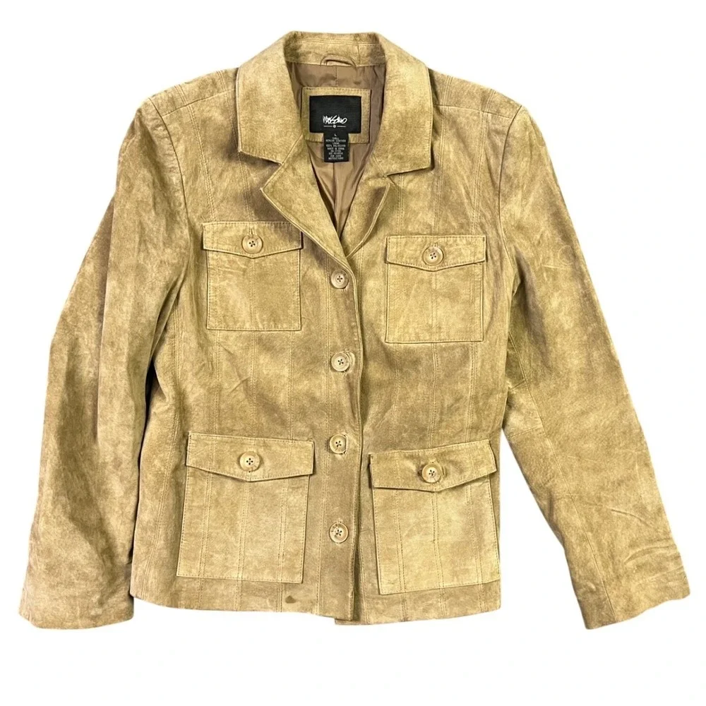 Mossimo Suede Leather Jacket Womens L Tan Safari Utility Button Front Boho Coat